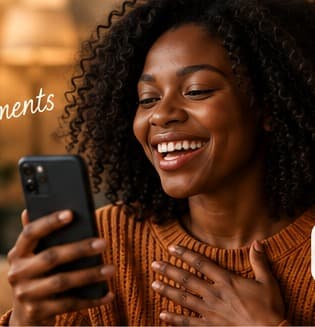 A woman smiling as she watches a message on her phone